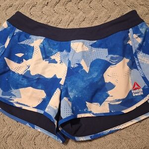 Reebok Women's Blue and Cream Abstract Athletic Shorts